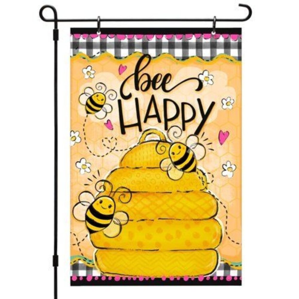 Bee Happy Garden Flag With Beehive & Bumblebee Print Outdoor Decor 12" X 18" Dou